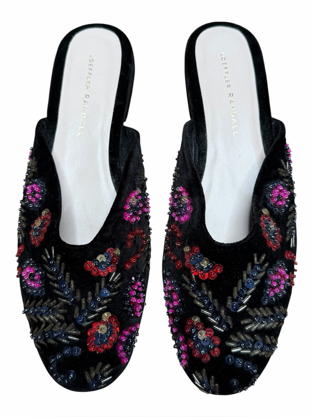 Loeffler Randall Quin Sequin Beaded Velvet Flat Mules Size 7.5 Floral Black